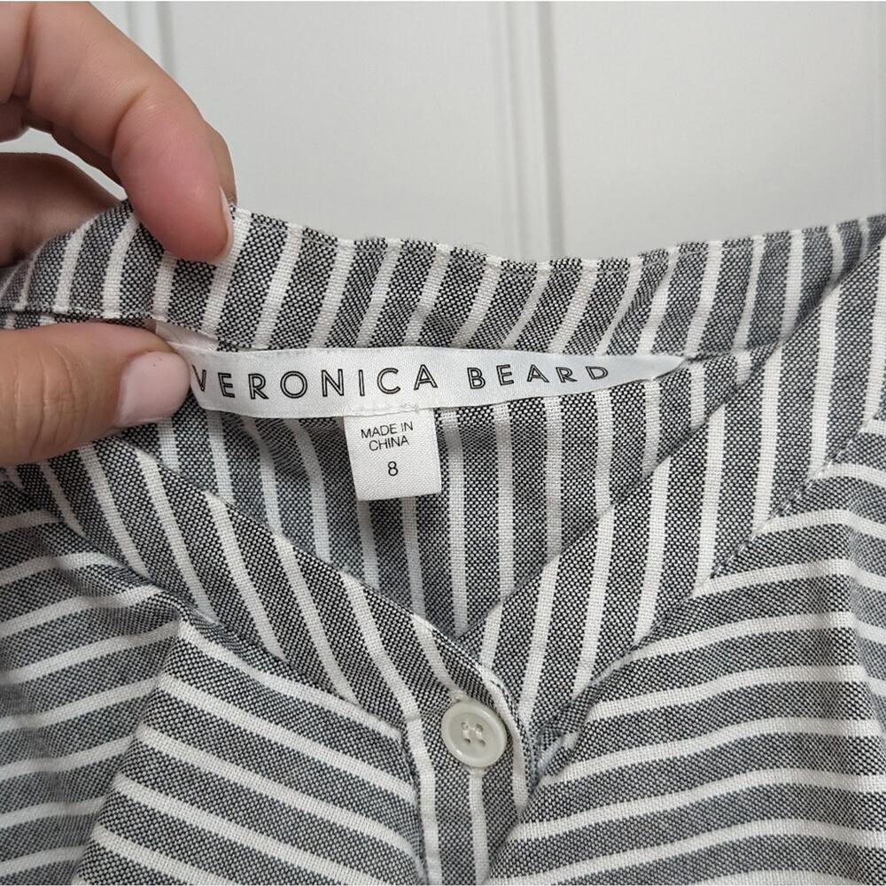 Veronica Beard Grant Cold Shoulder Gray/White V-Neck Button Striped Top, size 8 - Picture 6 of 8